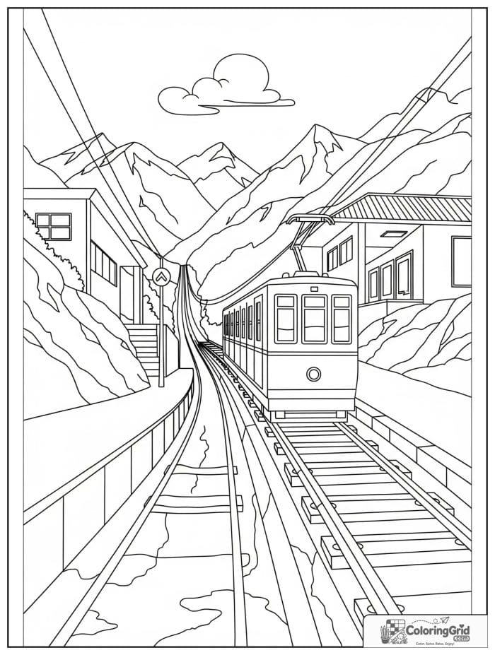 Mountain funicular rail car black and white drawing