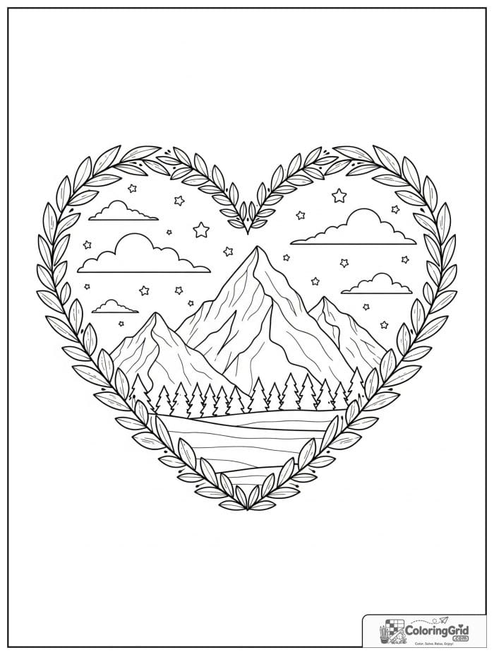 Mountain inside heart frame black and white illustration