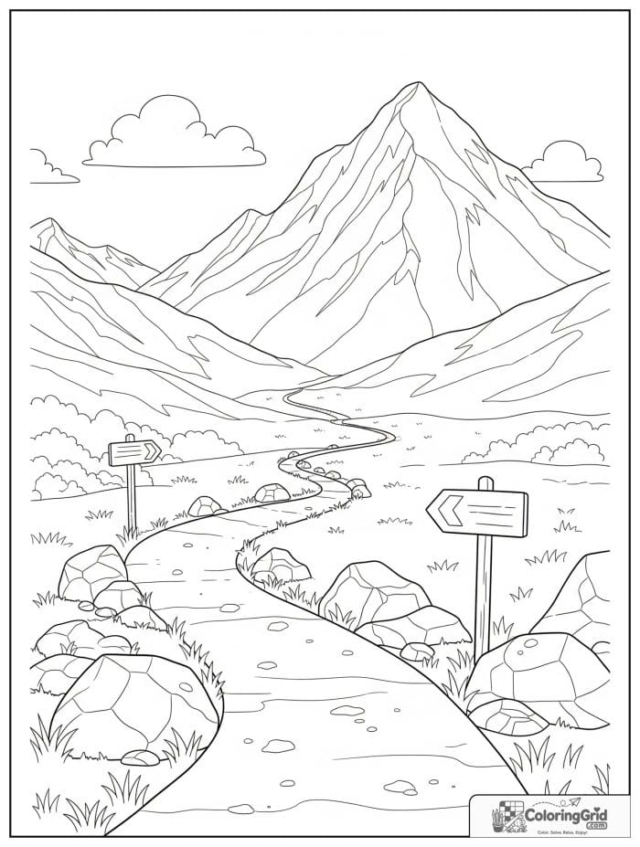 Mountain hiking trail in black and white line art