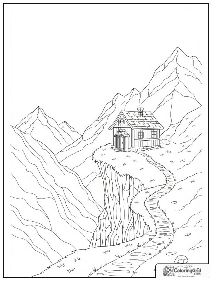 Mountain house on cliff black and white line art
