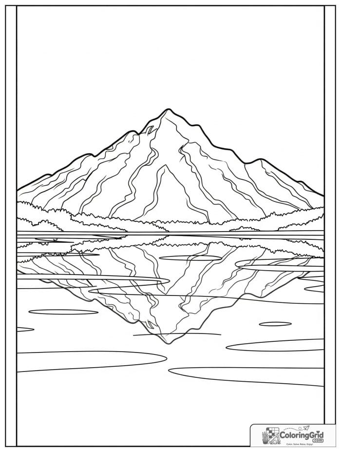 Mountain lake reflection in black and white line art