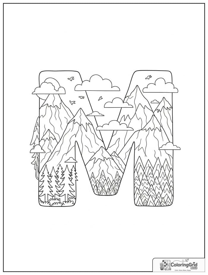Letter M with mountain theme in black and white