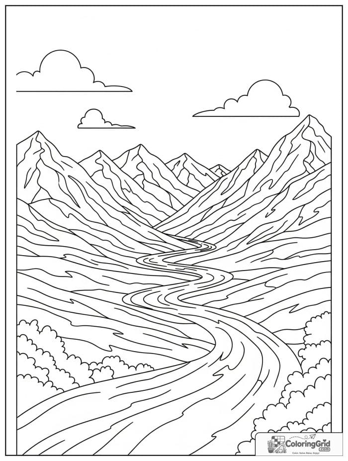 Mountain river valley black and white drawing
