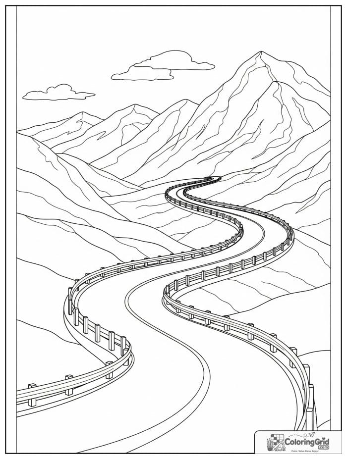 Mountain road black and white line illustration