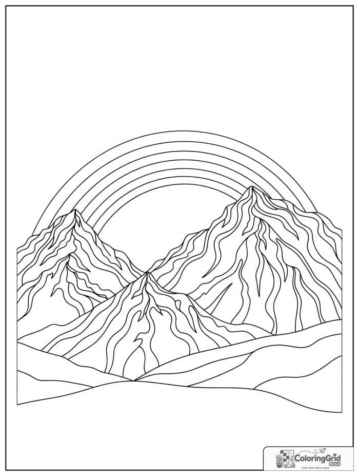 Mountain scene with rainbow arches in black and white