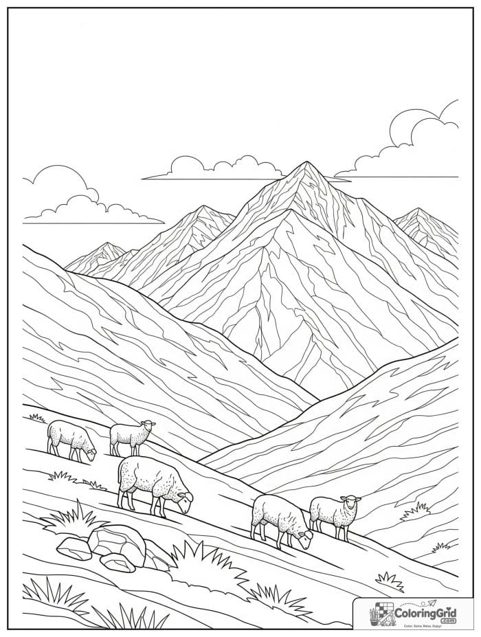 Mountain hillside with sheep black and white art