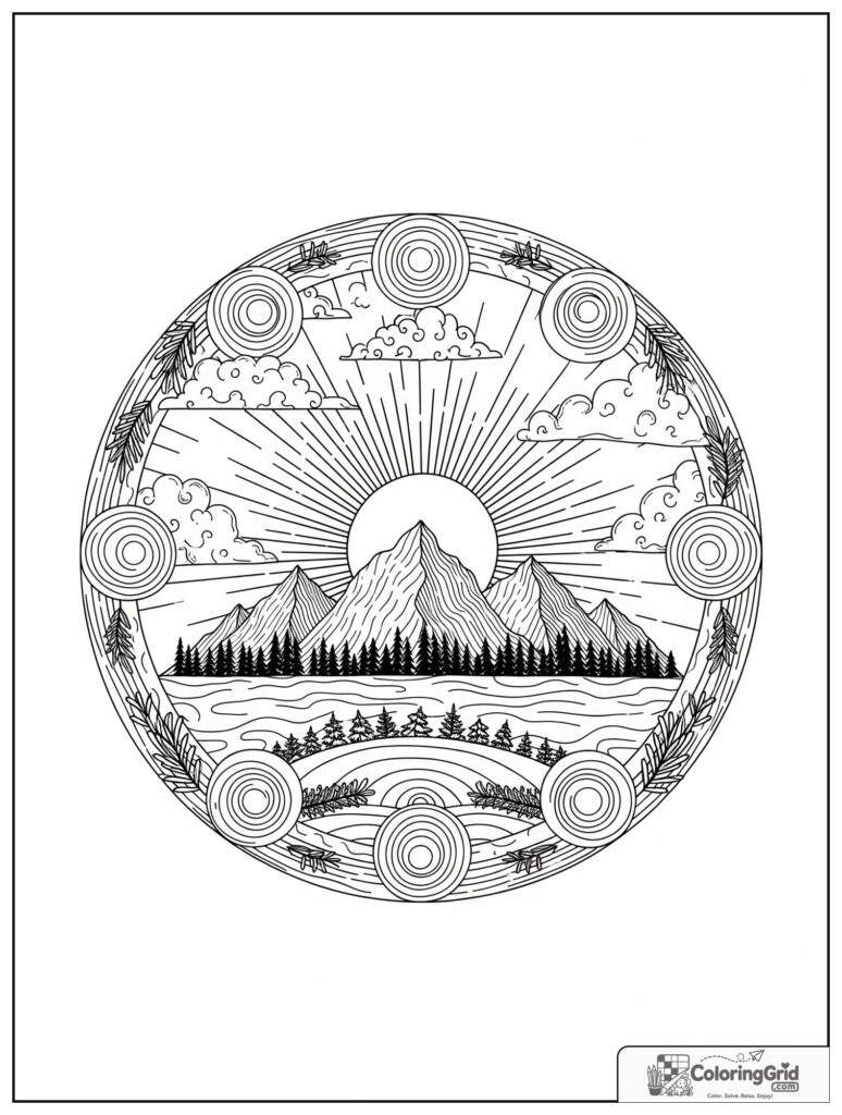 Mountain stillness mindfulness mandala with sunrise arcs and cloud doodles