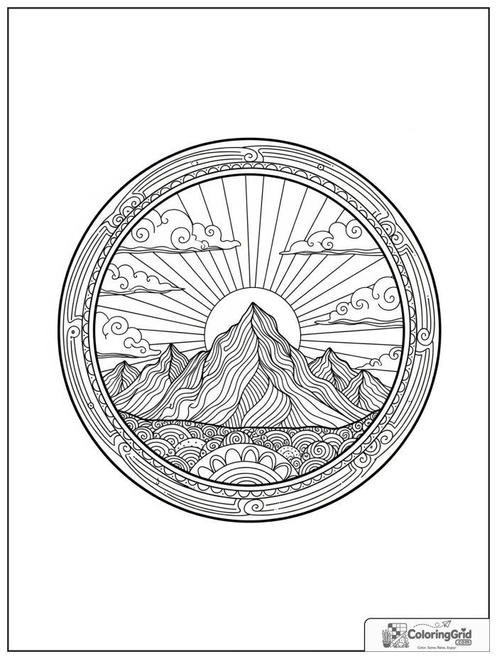 Relaxing mountain sunrise mandala with rays and cloud arcs.