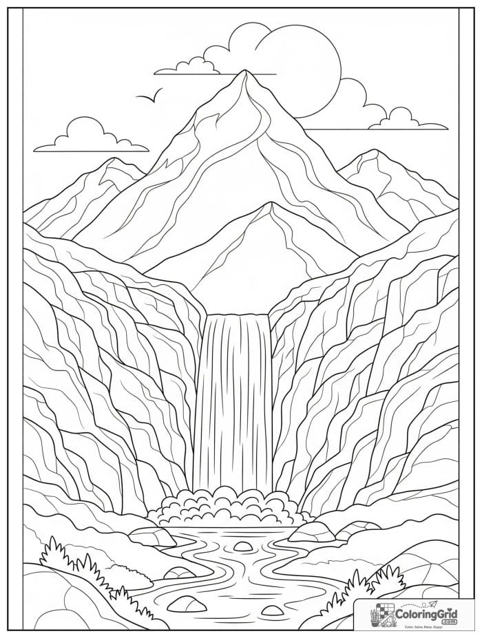 Mountain waterfall scene in black and white