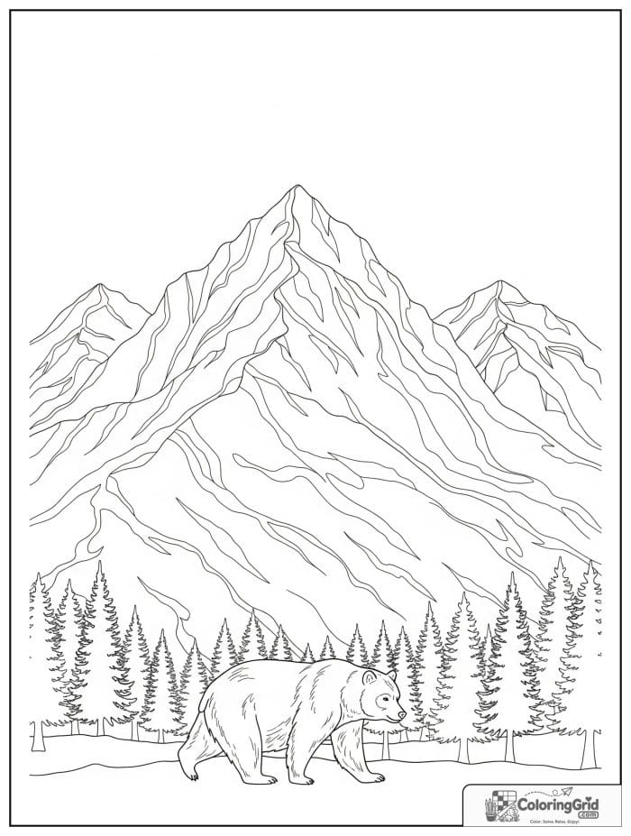 Mountain with bear and pine trees black and white art