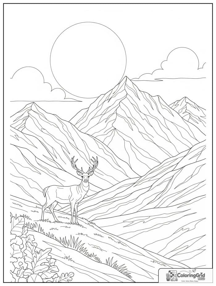 Mountain with deer black and white artwork