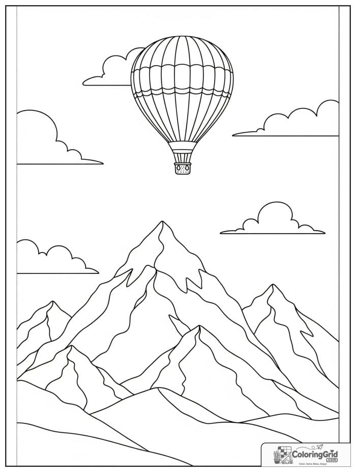 Mountain with hot air balloon black and white line art