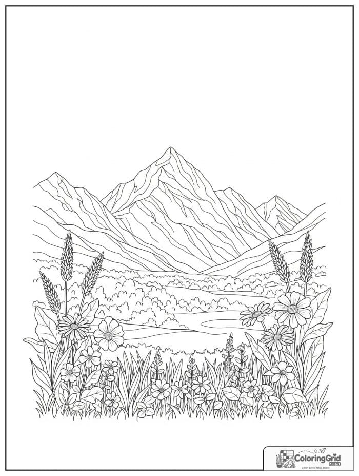 Mountain with wildflowers black and white art