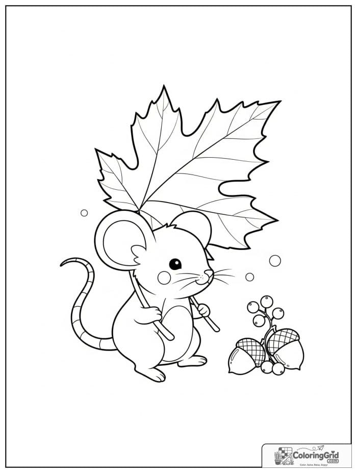 Autumn Leaves Coloring Pages featuring a mouse carrying a maple leaf.
