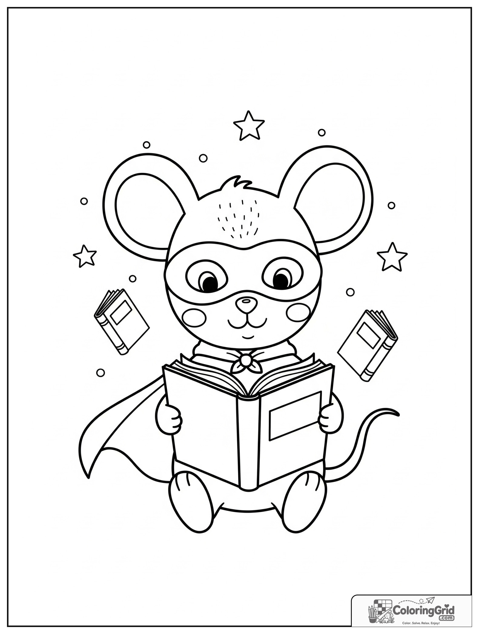 Cute mouse superhero reading a book with small book and star details.