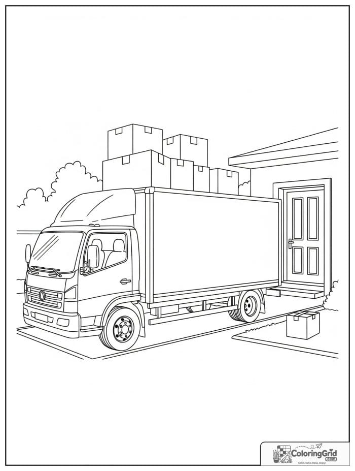 Truck coloring page featuring a moving truck with boxes in a driveway.