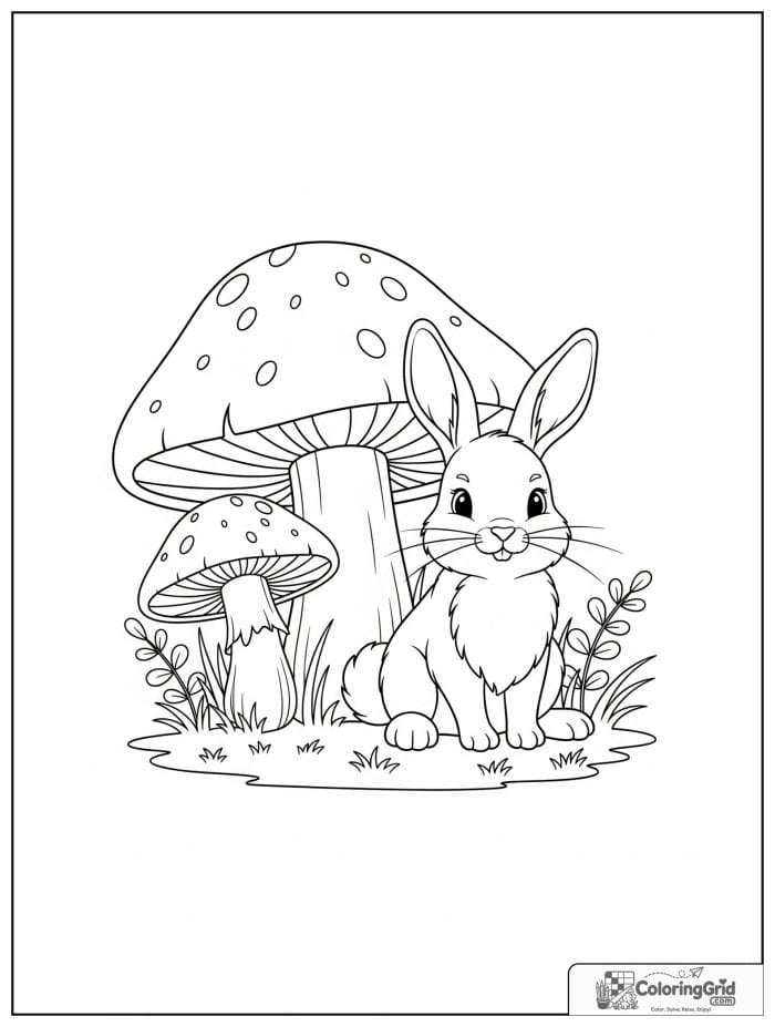 Rabbit next to mushroom black and white line drawing
