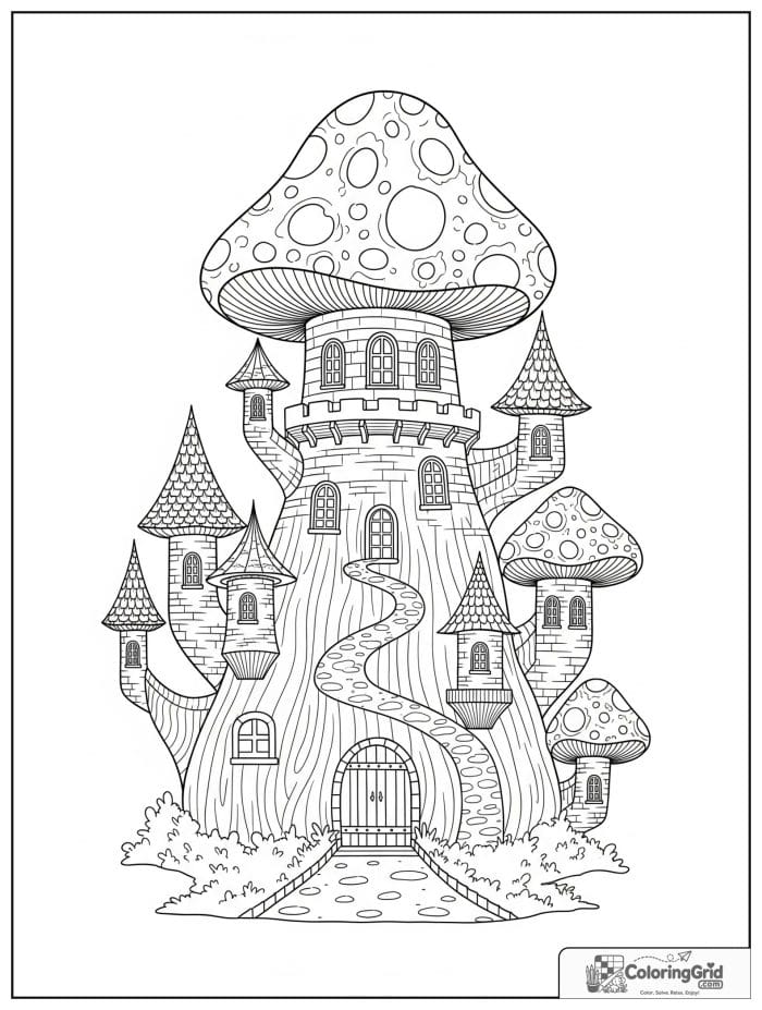 Fantasy mushroom castle in black and white