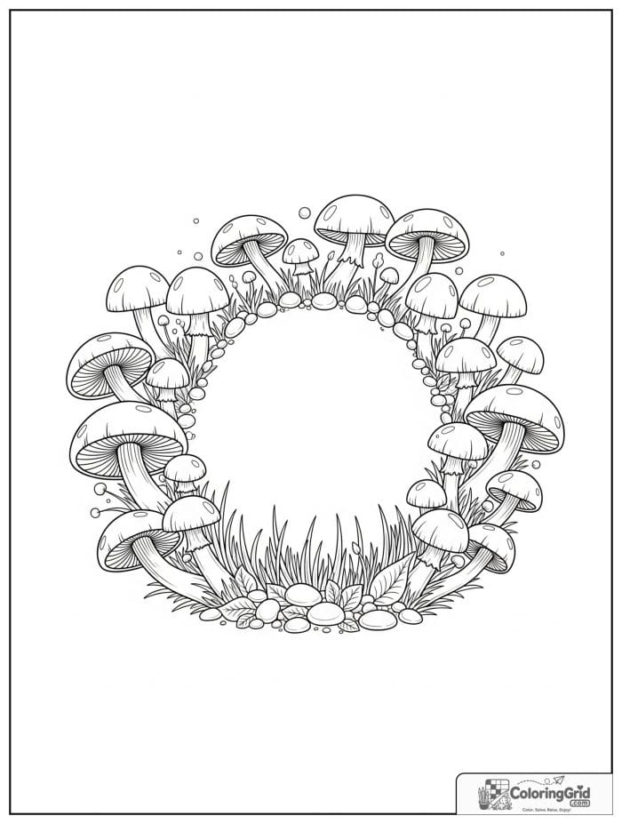 Ring of mushrooms black and white illustration