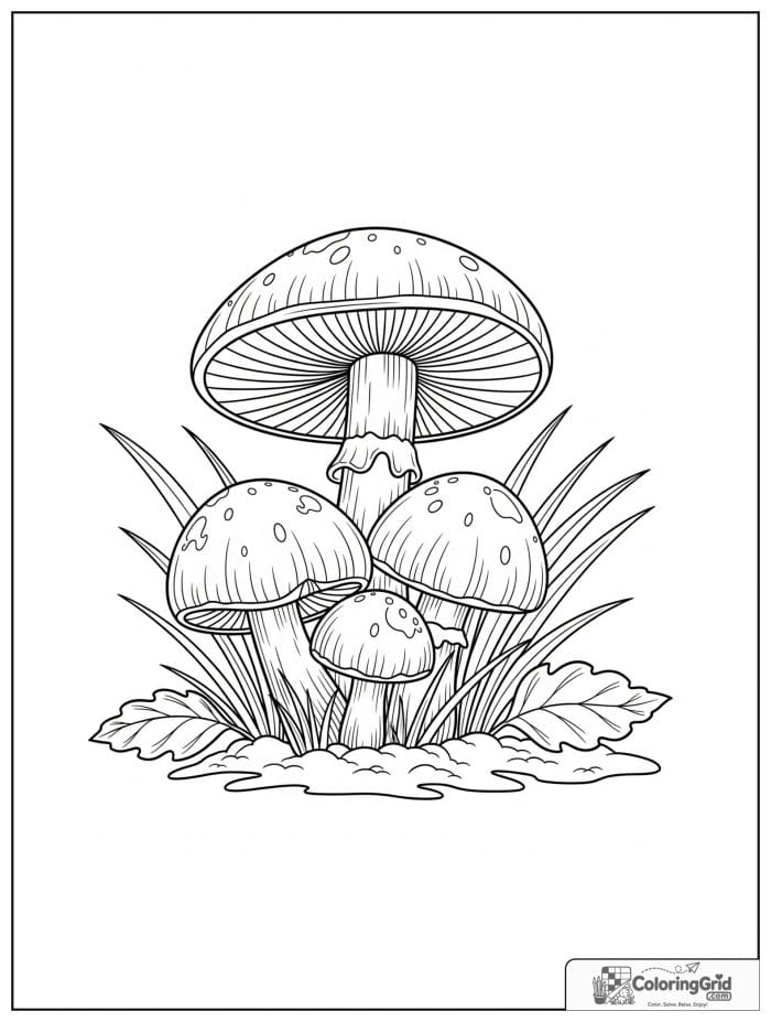 Cluster of mushrooms in grass black and white artwork