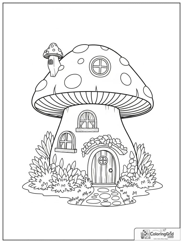 Mushroom cottage house in black and white line art