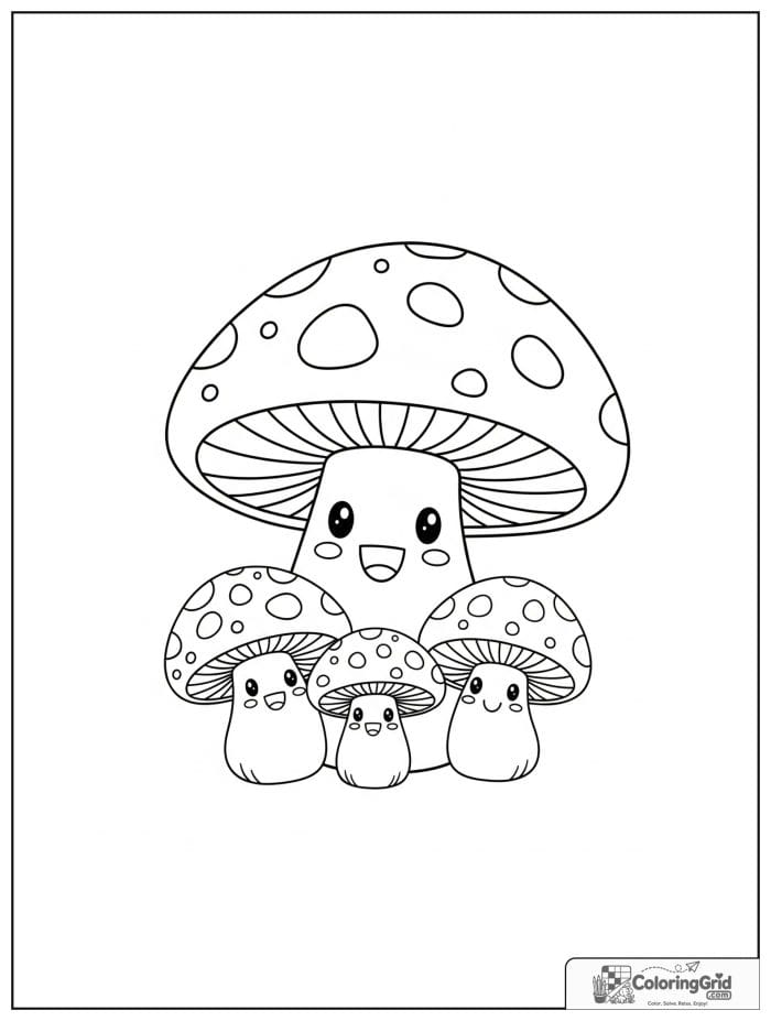 Mushroom family group black and white illustration