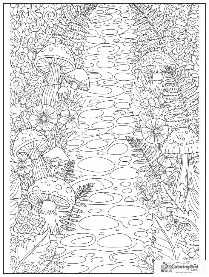 Garden coloring page featuring mushrooms along a garden path.
