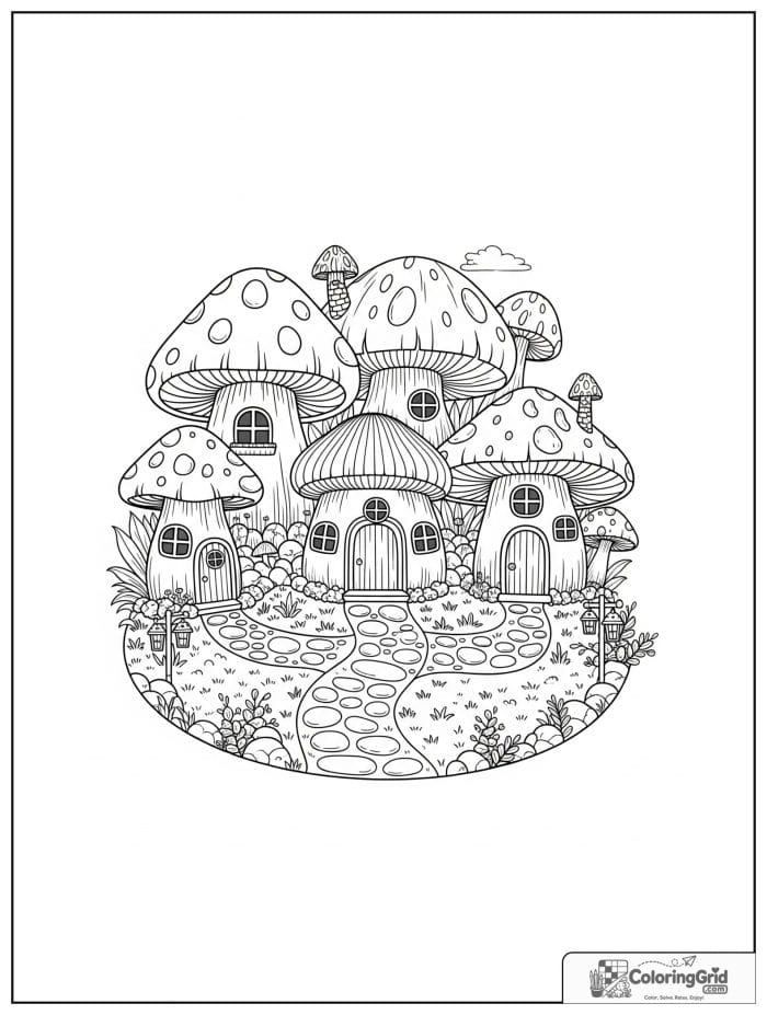 Village of mushroom houses in black and white