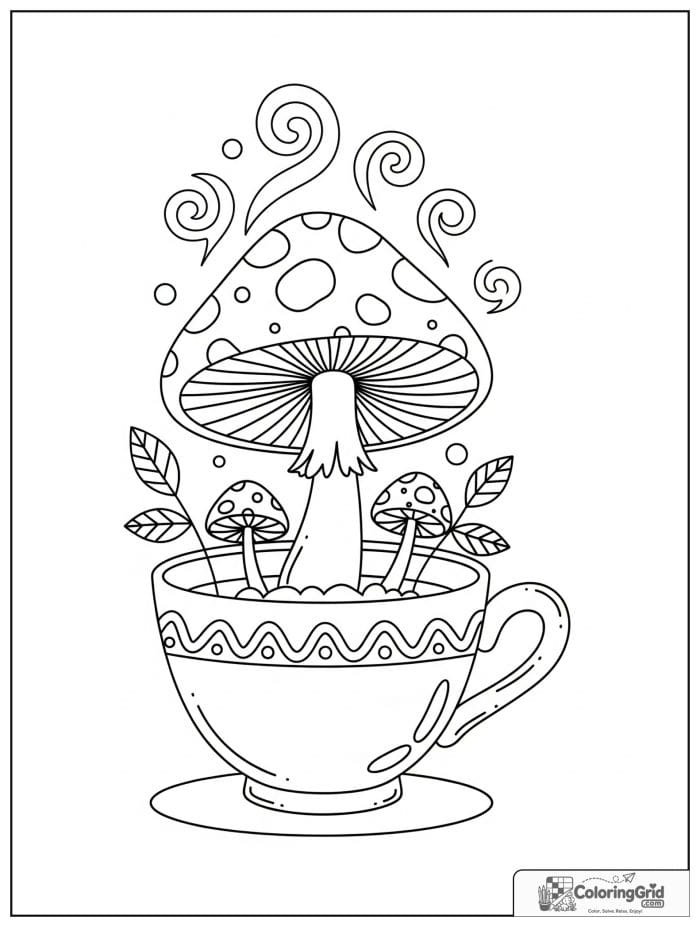 Mushroom in teacup black and white illustration