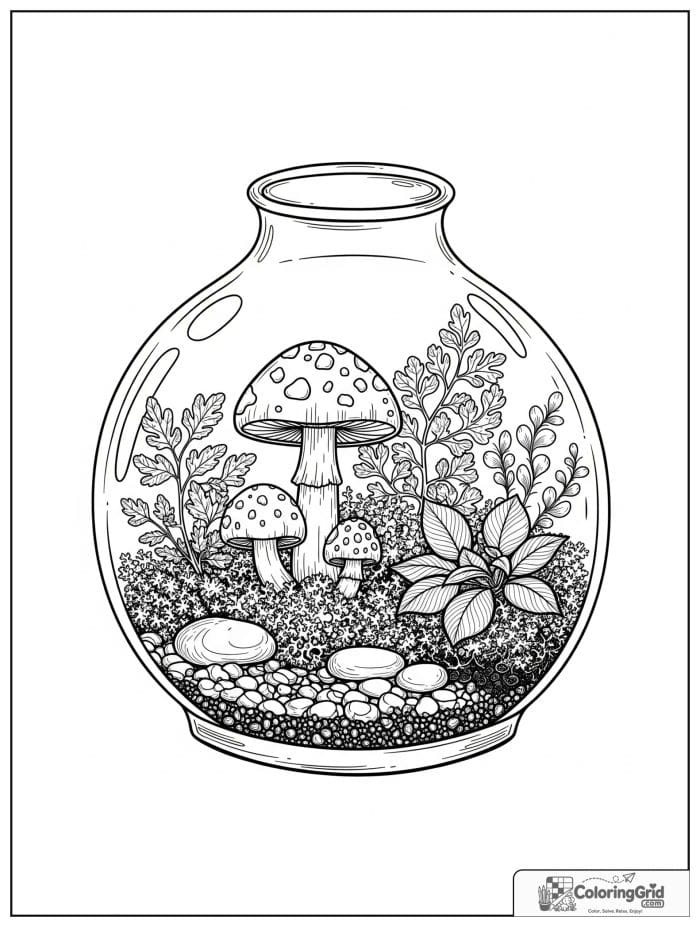 Mushroom terrarium in black and white line art