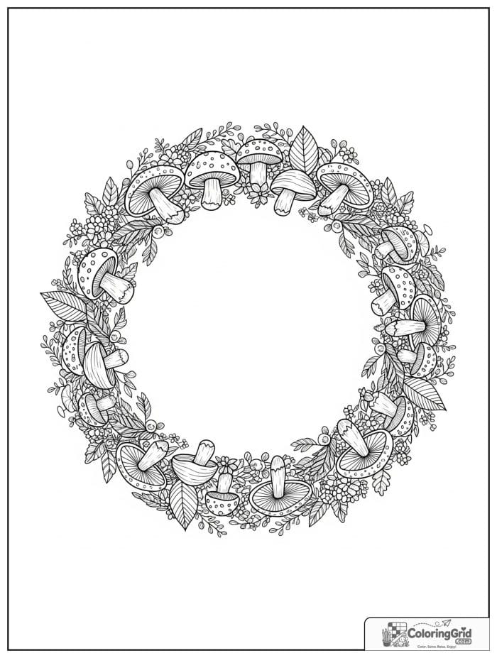 Mushroom leaf wreath black and white line art