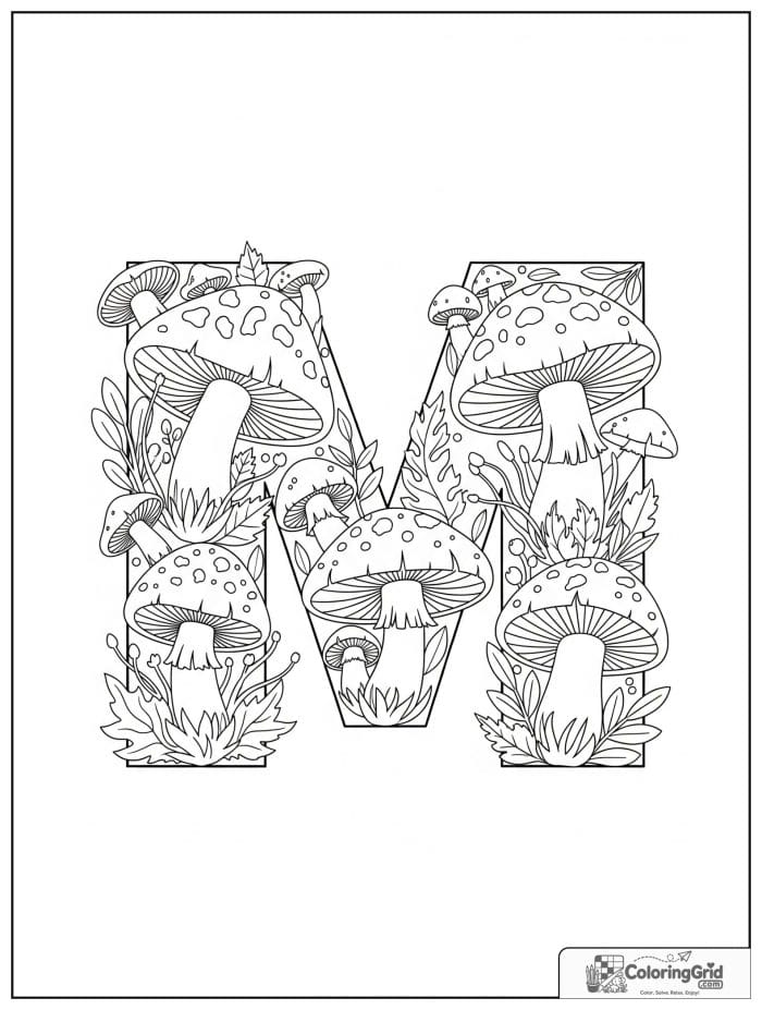 Letter M with mushrooms in black and white