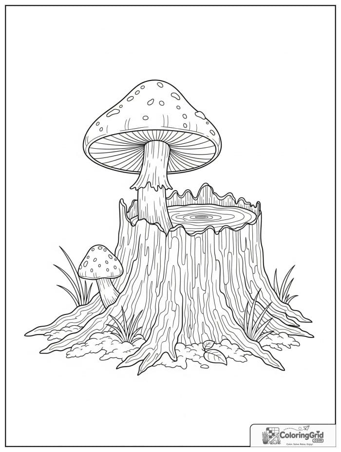 Mushroom on tree stump in black and white