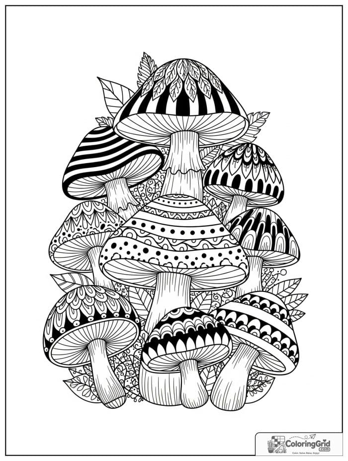 Stacked patterned mushrooms in black and white