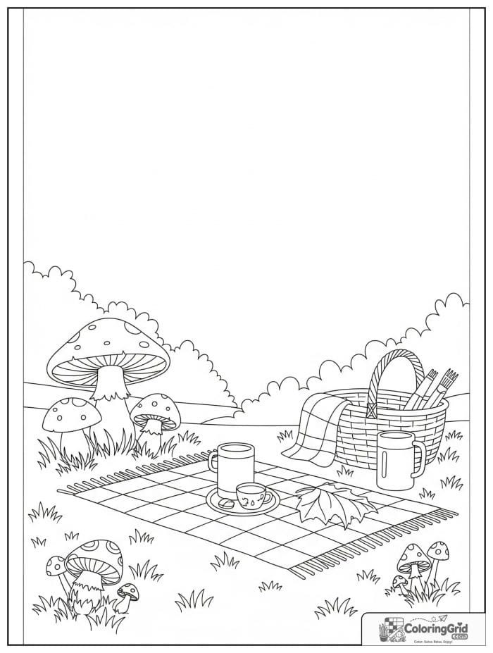 Woodland picnic with mushrooms black and white artwork