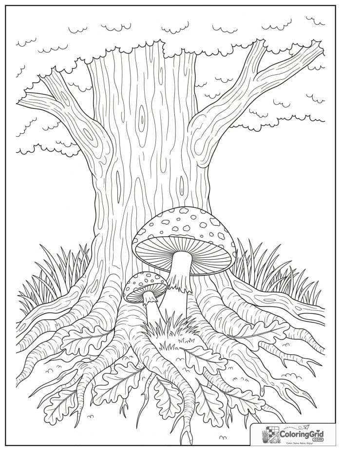Mushroom under oak tree black and white artwork