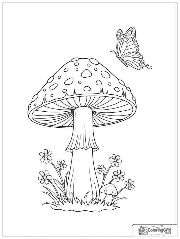 Mushroom with butterfly in black and white
