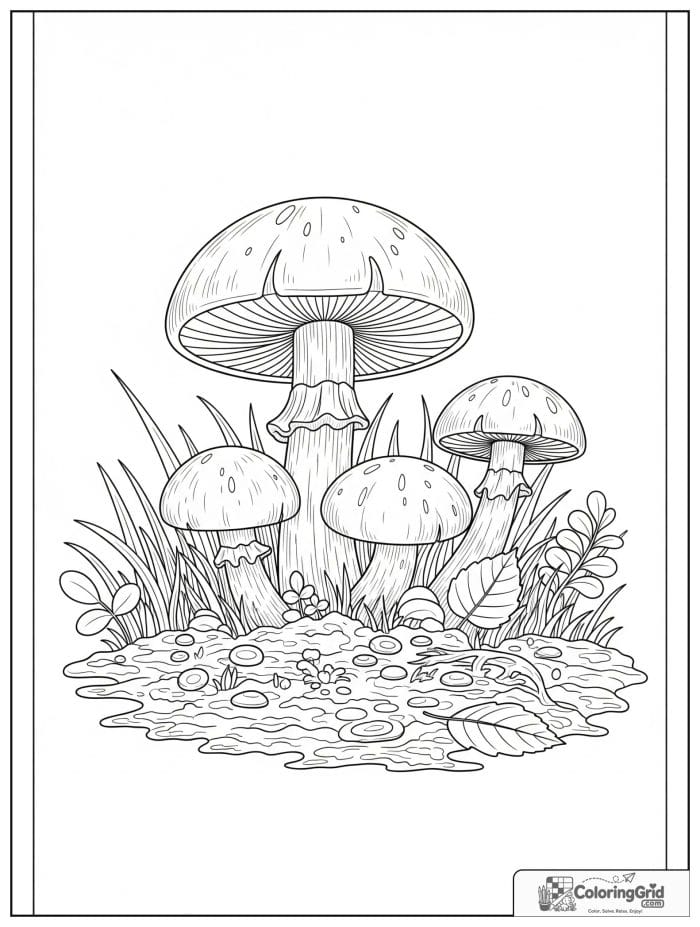 Vegetable coloring page featuring mushrooms growing in a patch.