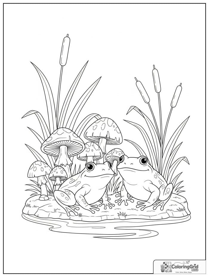 Frogs beside mushrooms in black and white line drawing