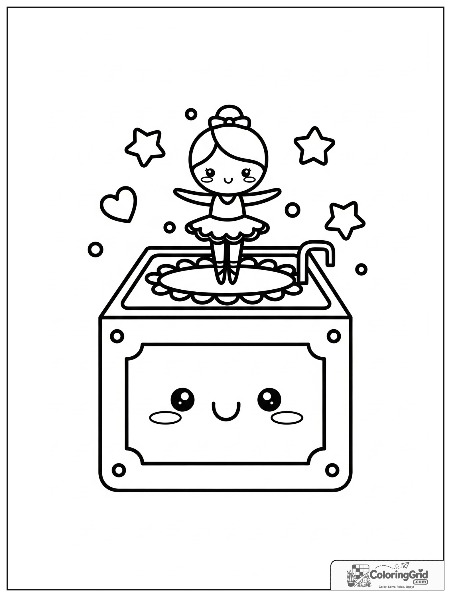 Cute smiling music box with ballerina and small heart decorations.