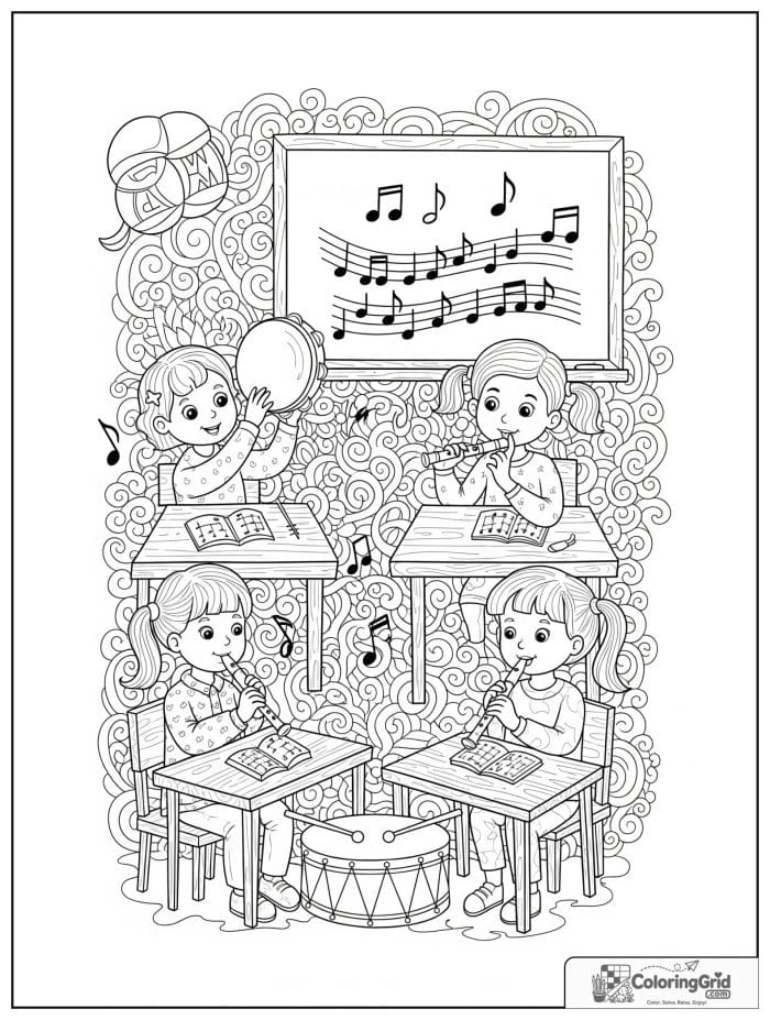 Back to school coloring page featuring a music class with instruments.