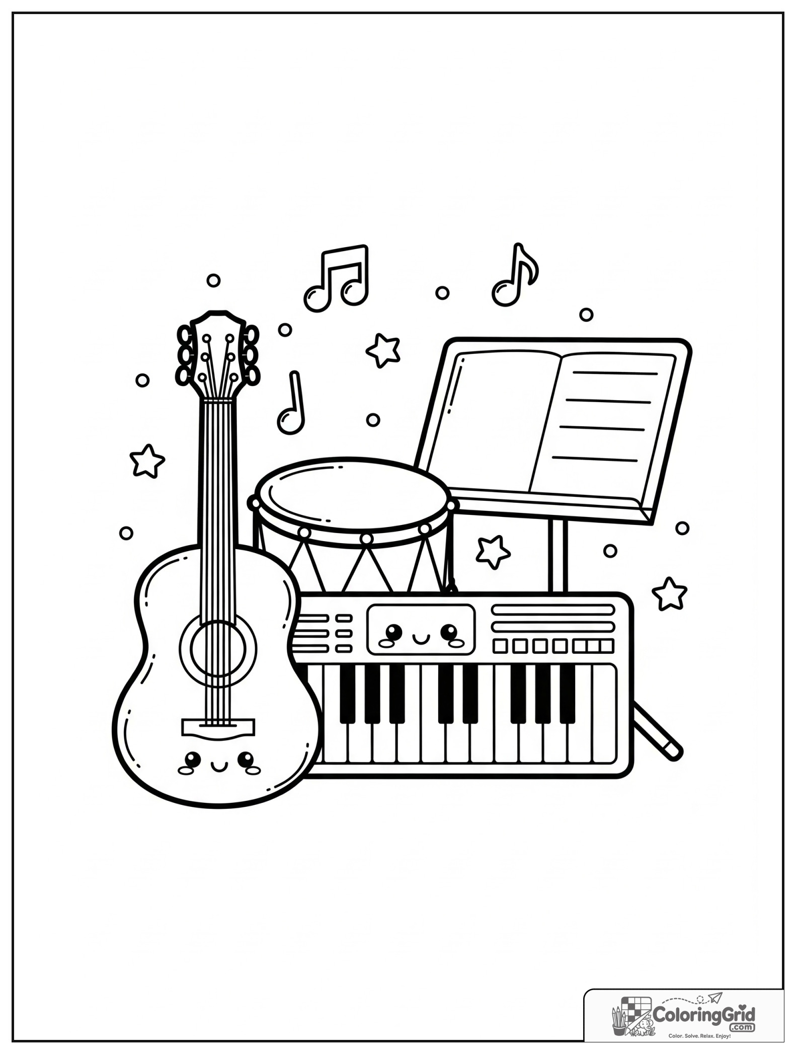 Cute music classroom corner with instruments and small star decorations.