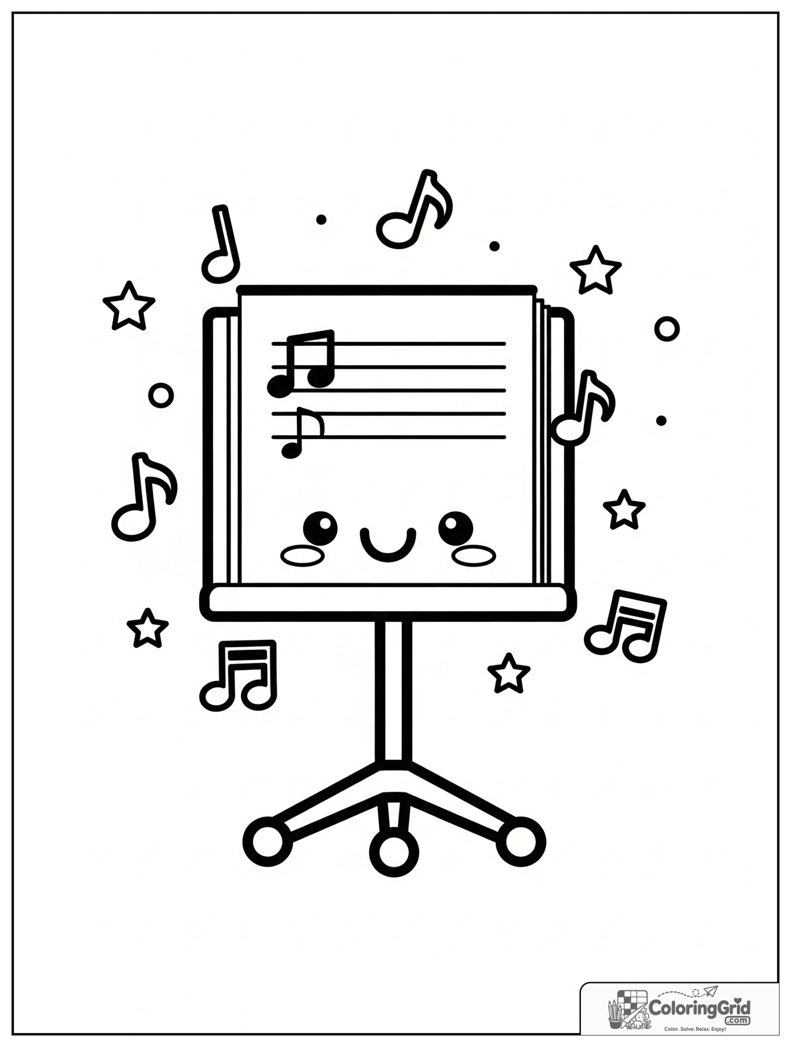 Cute smiling music stand with sheet notes and small star decorations.