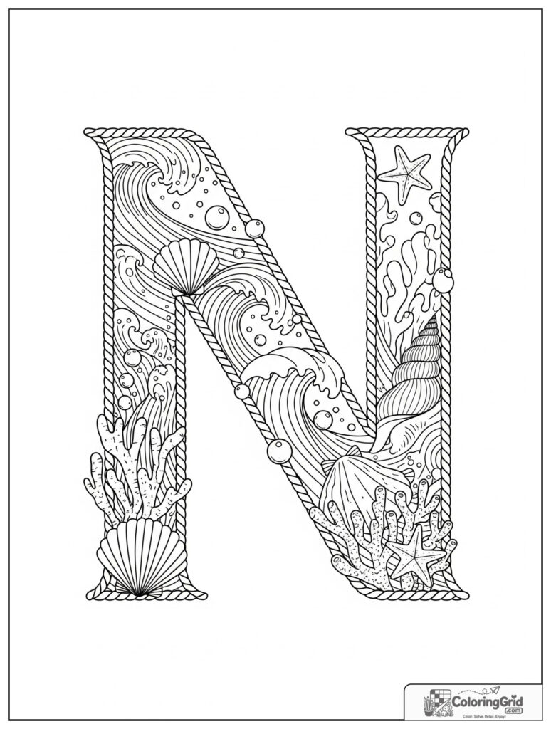 Nautical letter N adult alphabet coloring design with waves and shells