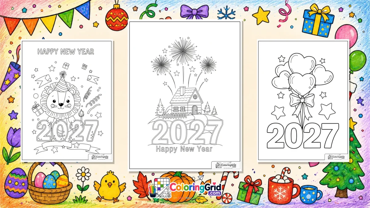 New Year Coloring Pages featured illustration for 2027 New Year Coloring Pages: Easy PDF and JPG Printables