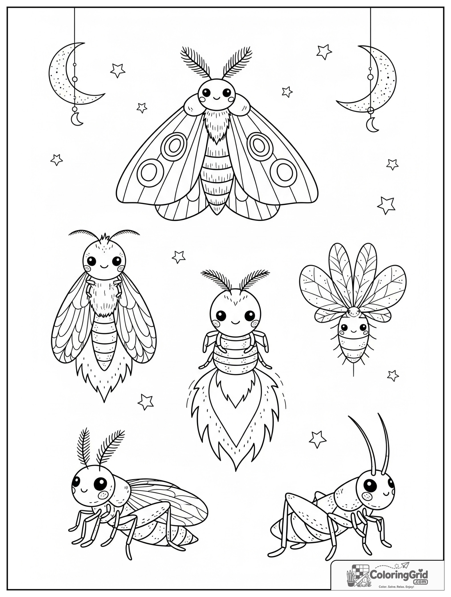 Cute night insects collage with small moon and star decorations.