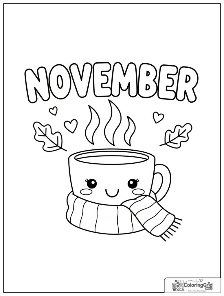 Cute November cozy mug with small leaf decorations.