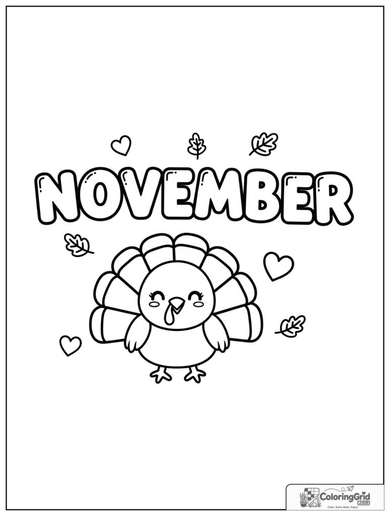 Cute November turkey with small leaf and heart decorations.