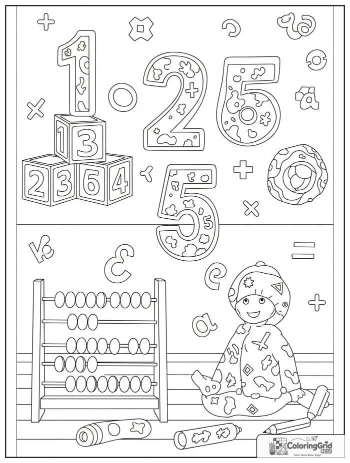 Back to school coloring page featuring numbers and counting tools.