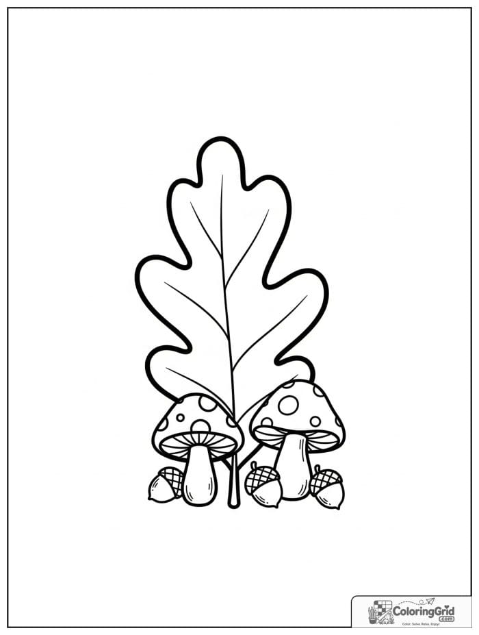 Autumn Leaves Coloring Pages featuring an oak leaf and mushrooms.
